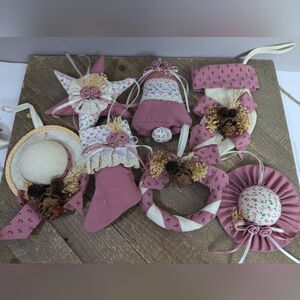 Vintage handmade fabric tree ornaments cottagecore pink floral farmhouse
